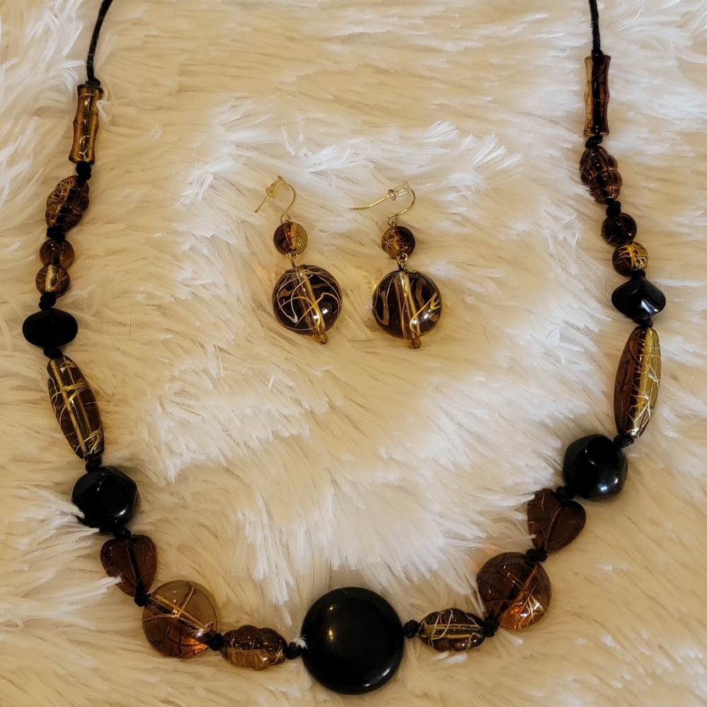Beaded Brown and topaz necklace and earring set